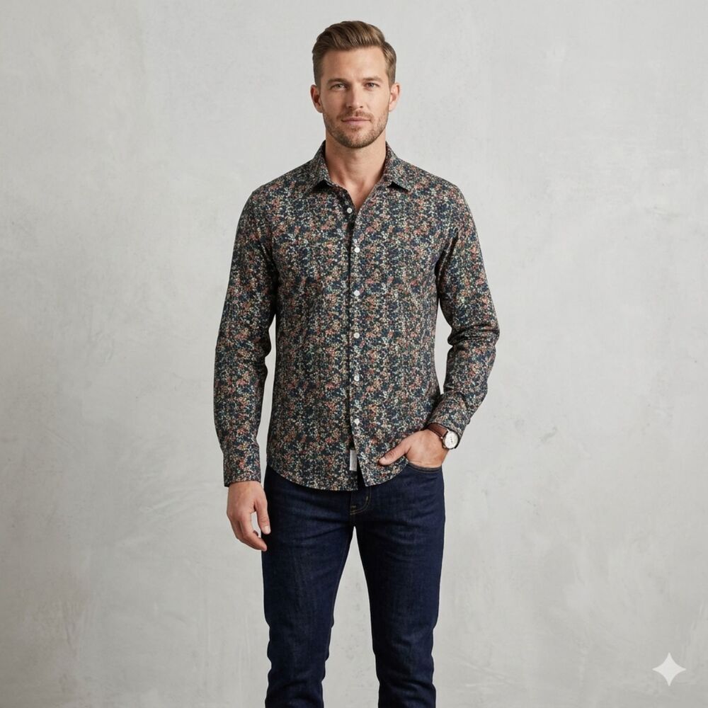 NEW Lucky Brand Shirt Navy Camo Slim Fit Button Front Casual Long Sleeve Mens XL